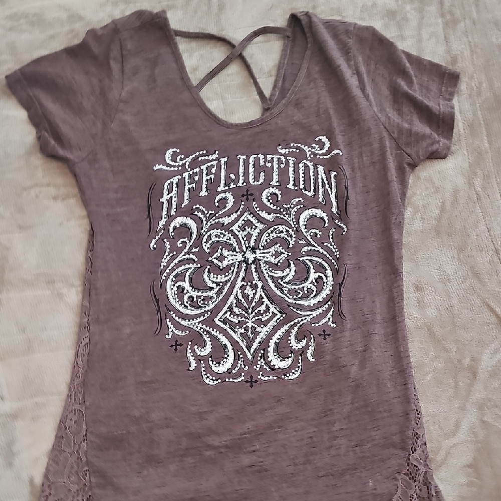 Affliction Brownish Color Graphic Cut Out Short Sleeve Tee
